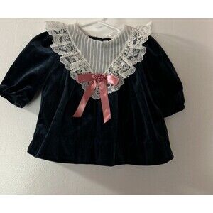 Vintage Rare Editions Navy Velvet Baby Dress Lace Collar Sz 3-6 Month Pink Bow
